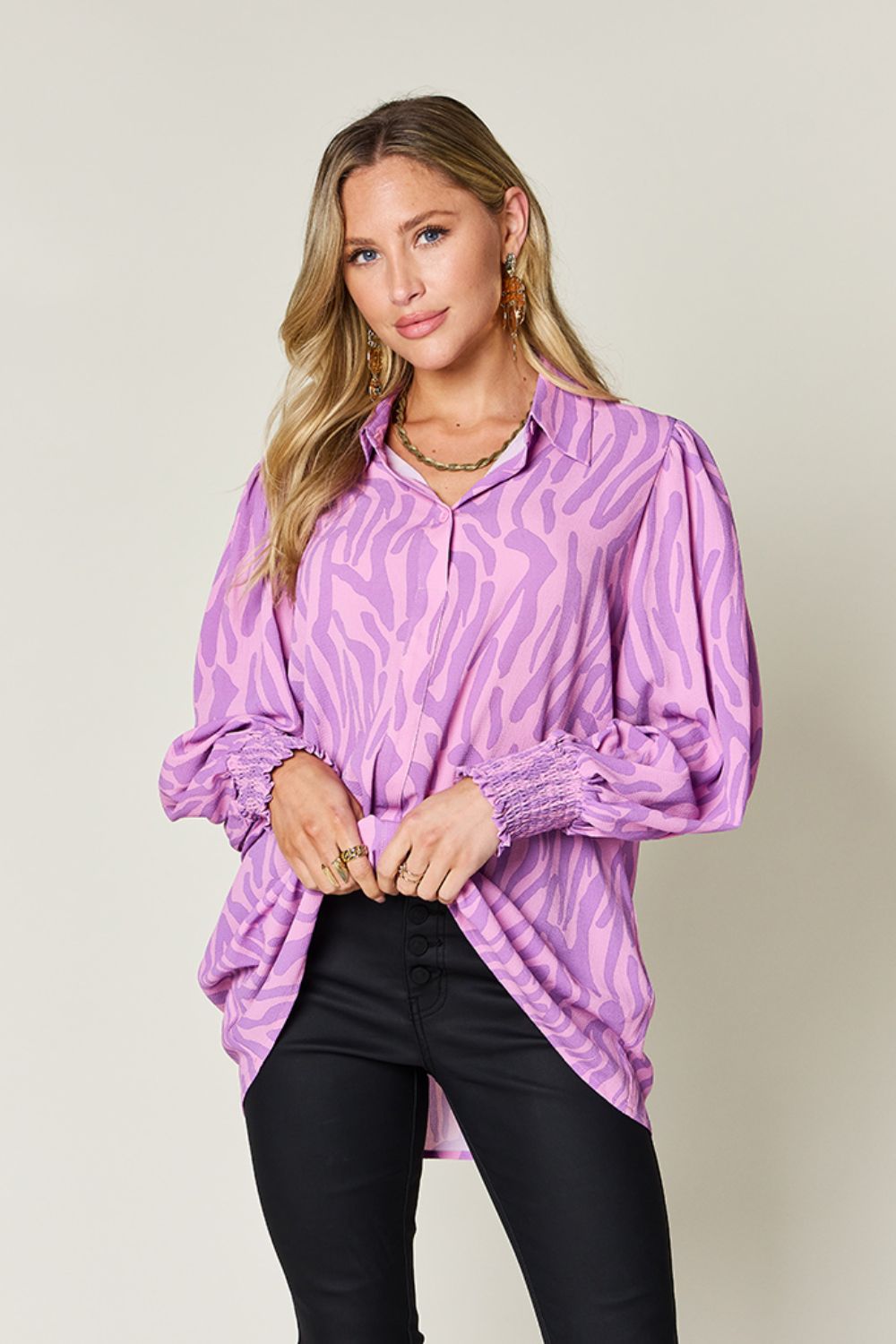 (S-3X) Stating My Opinion Printed Smocked Long Sleeve Blouse (Multiple Colors) - BP