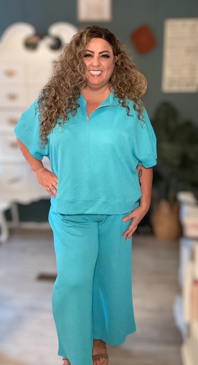 Trying Again Texture Half Zip Short Sleeve Top and Pants Set (Multiple Colors) - BP