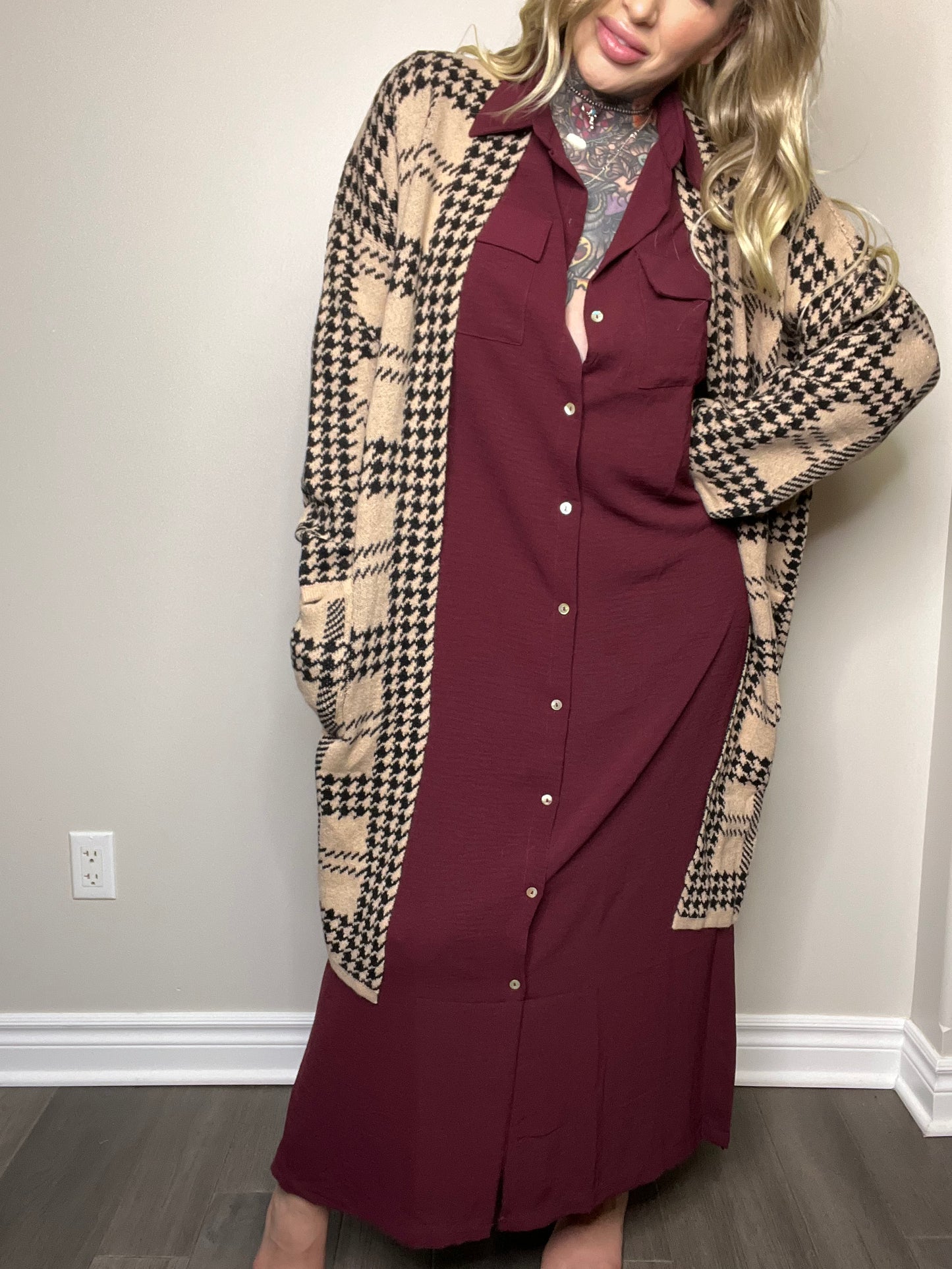 Rare Find Curvy Houndstooth Print Longline Cardigan