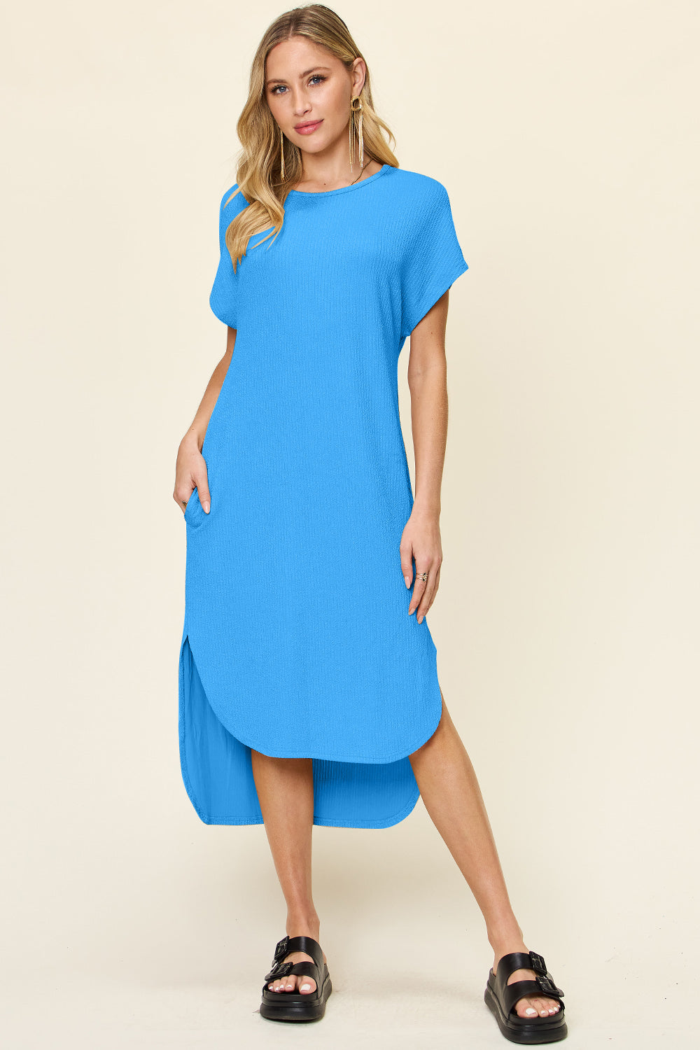 (S-3X) Charismatic Appeal Round Neck Short Sleeve Slit Dress (Multiple Colors) - BP