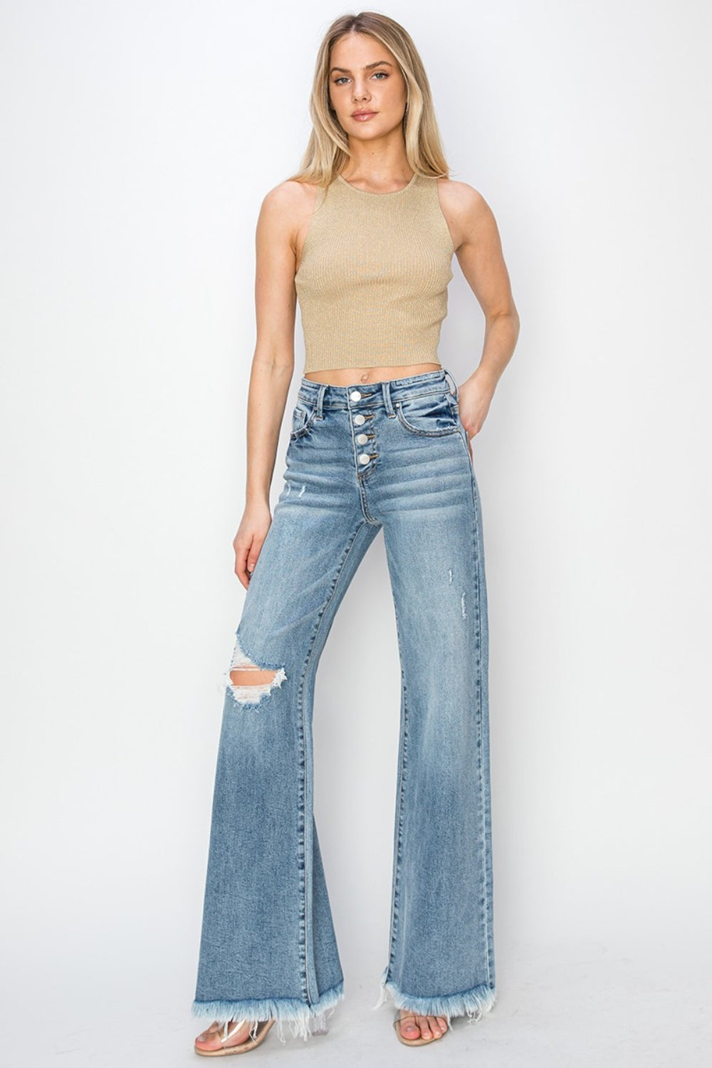 RISEN Gemma Mid Rise Button Fly Wide Leg Jeans - BP