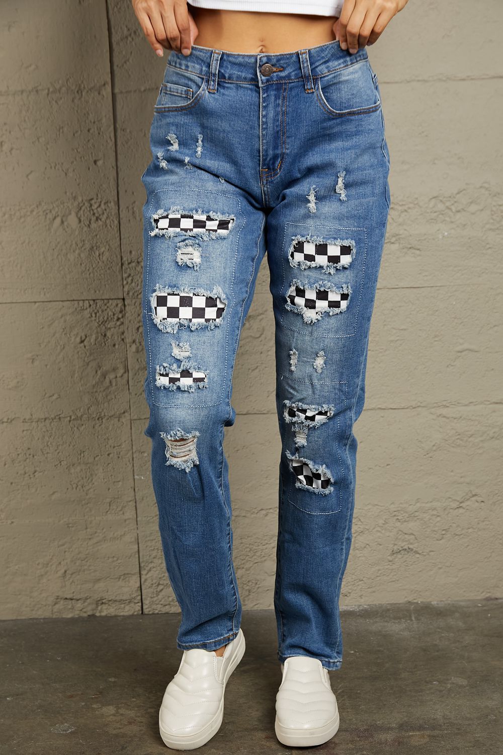 (S-2X) Radical Intentions Checkered Patchwork Mid Waist Distressed Jeans - BP