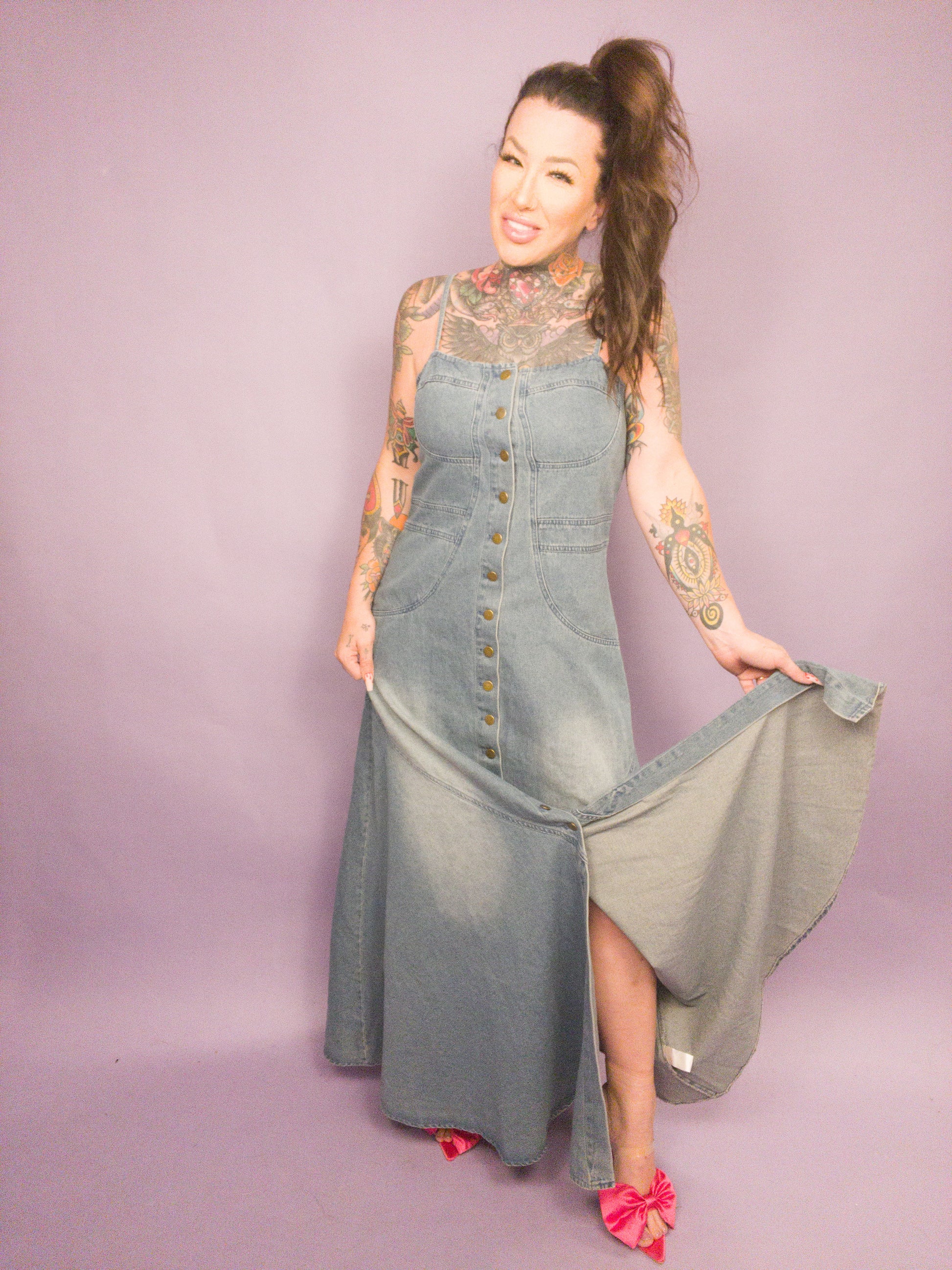 denim dress for curvy Plus Size Daily Blue Button Overall Tencel Denim Maxi Dress