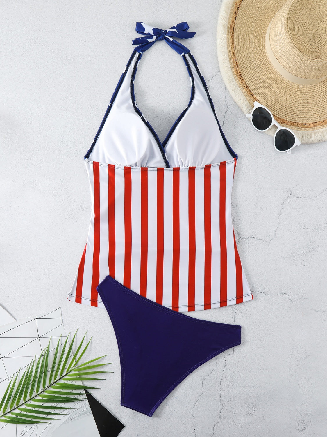 (S-2X) Proud American Star & Stripes Halter Neck Two-Piece Swim Set