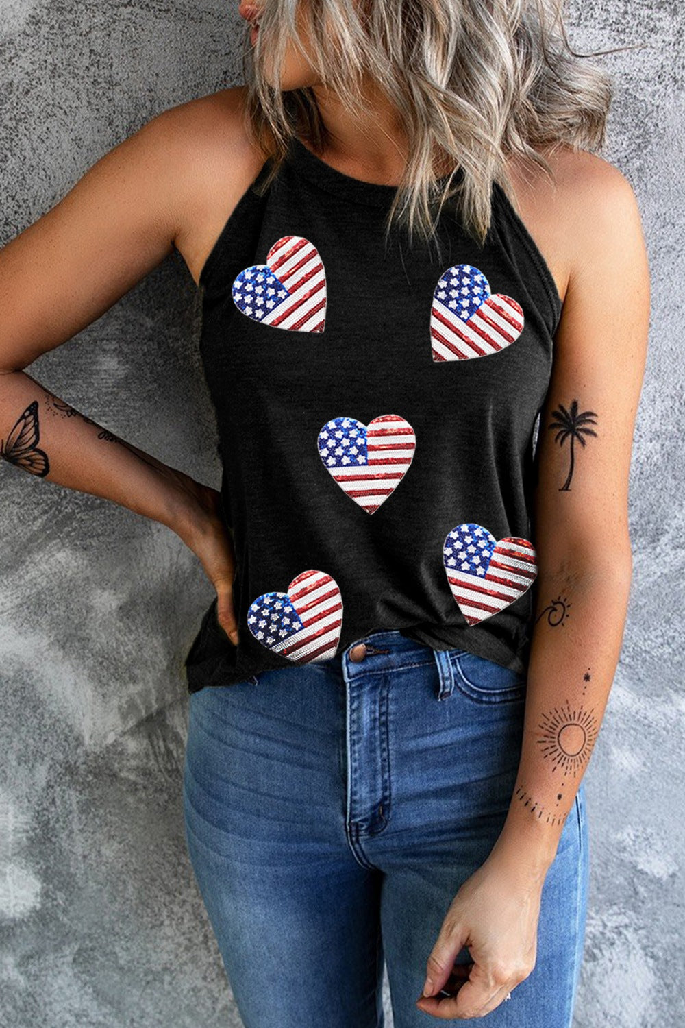 (S-2X) Party Like A Patriot Heart US Flag Round Neck Grecian Neck Tank