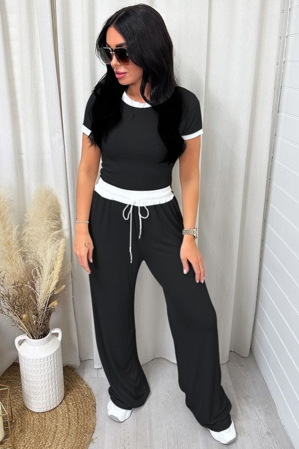 Loungin' In Life Contrast Trim Round Neck Top and Pants Set (Multiple Colors)