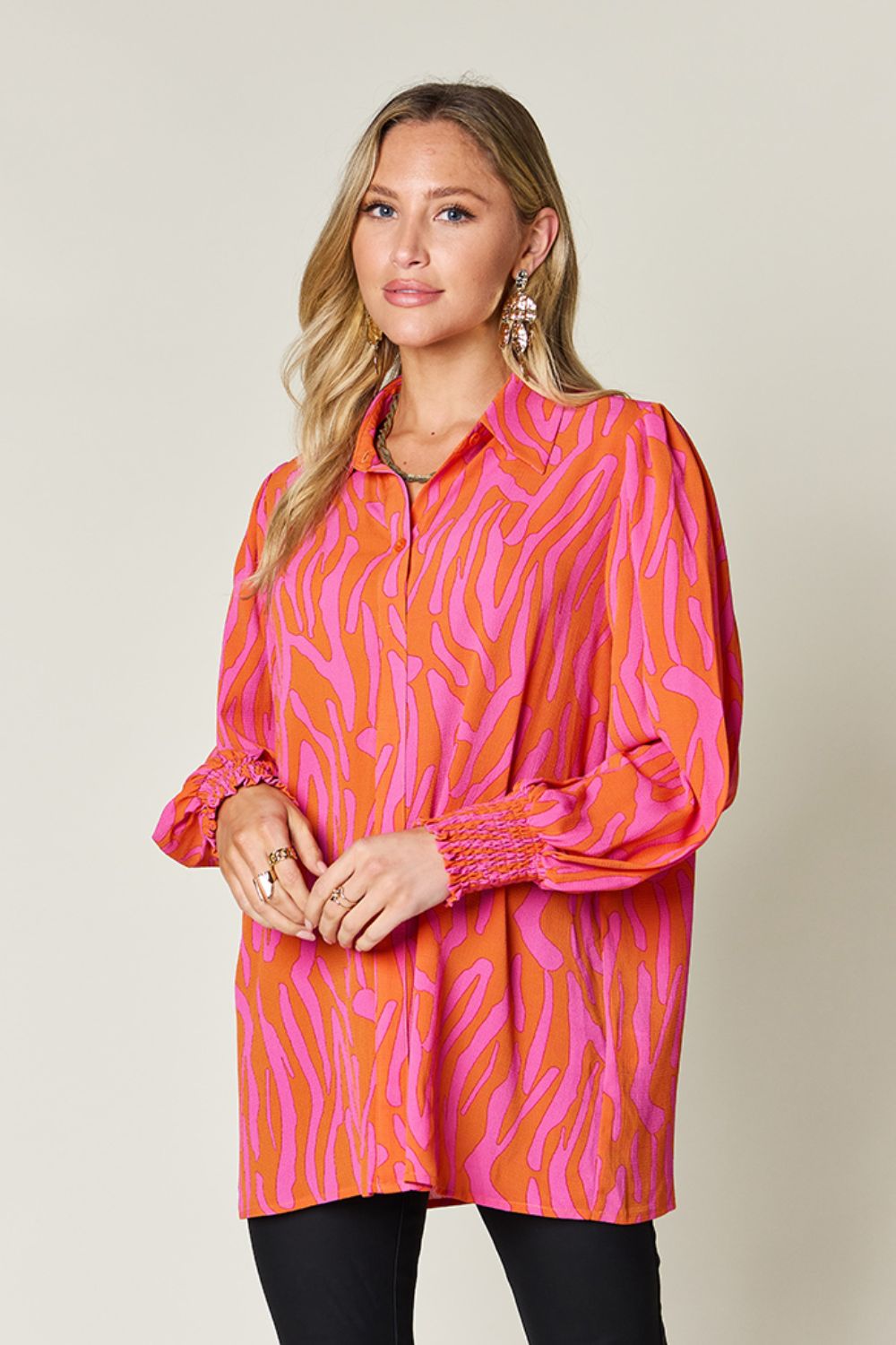 (S-3X) Stating My Opinion Printed Smocked Long Sleeve Blouse (Multiple Colors) - BP