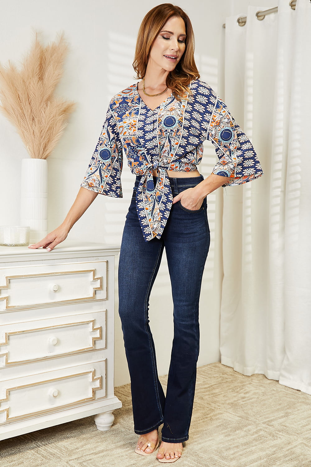 Business Classy Tie Hem V-Neck Three-Quarter Sleeve Blouse - BP