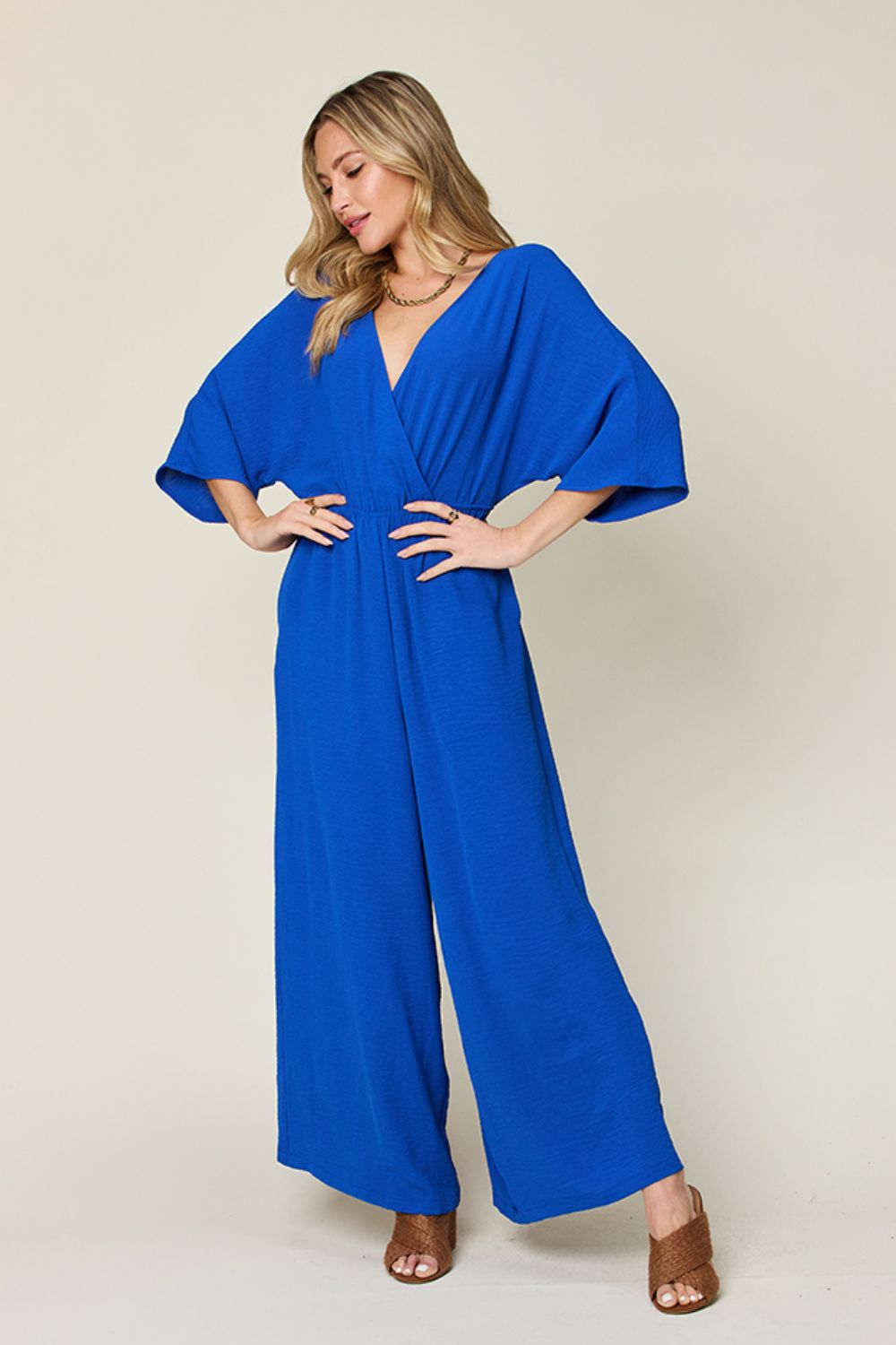 (S-3X) Stop & Stare Half Sleeve Wide Leg Jumpsuit (Double Take/Multiple Colors) - BP