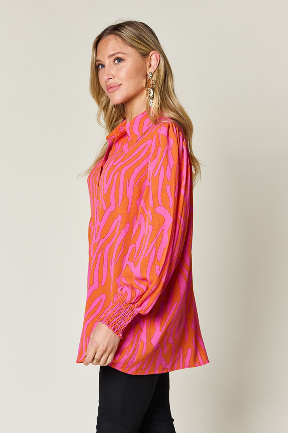 (S-3X) Stating My Opinion Printed Smocked Long Sleeve Blouse (Multiple Colors) - BP