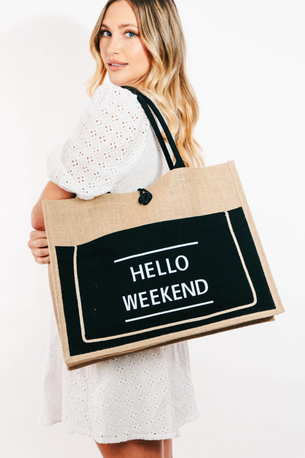 Hello Weekend Burlap Tote Bag (Multiple Colors)