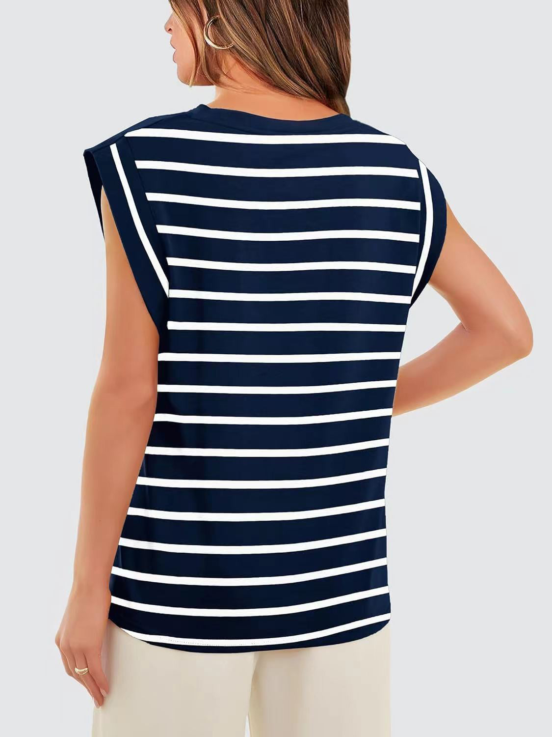 (S-2X) Happiest Here Striped Round Neck Cap Sleeve T-Shirt (Multiple Colors)