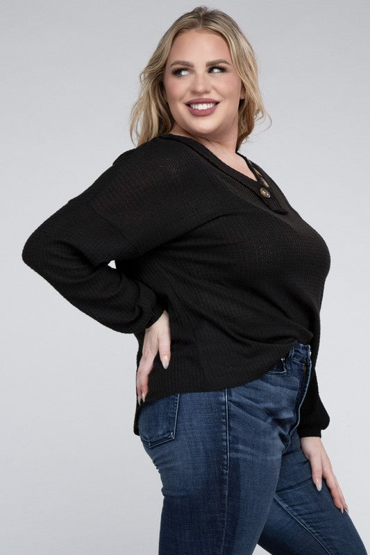 CURVY - Brushed Waffle V-Neck Button Detail Sweater (MULTIPLE COLORS) - BP