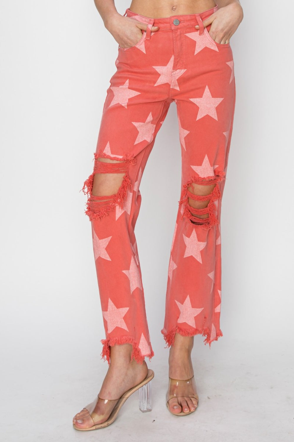 (0-3X) Star Bright RISEN Full Size Distressed Raw Hem Star Pattern Jeans - BP