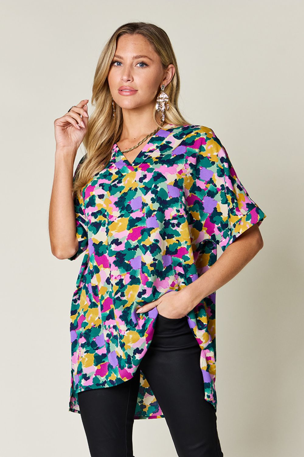 (S-3X) Spring Showers Printed V-Neck Short Sleeve Blouse (Double Take) - BP