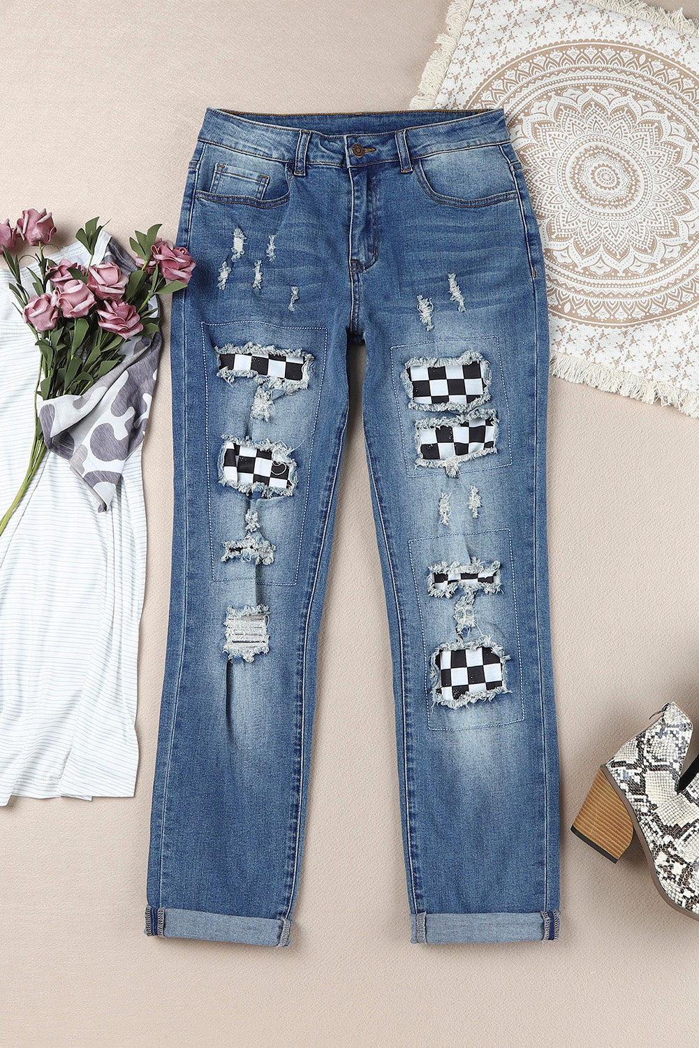 (S-2X) Radical Intentions Checkered Patchwork Mid Waist Distressed Jeans - BP