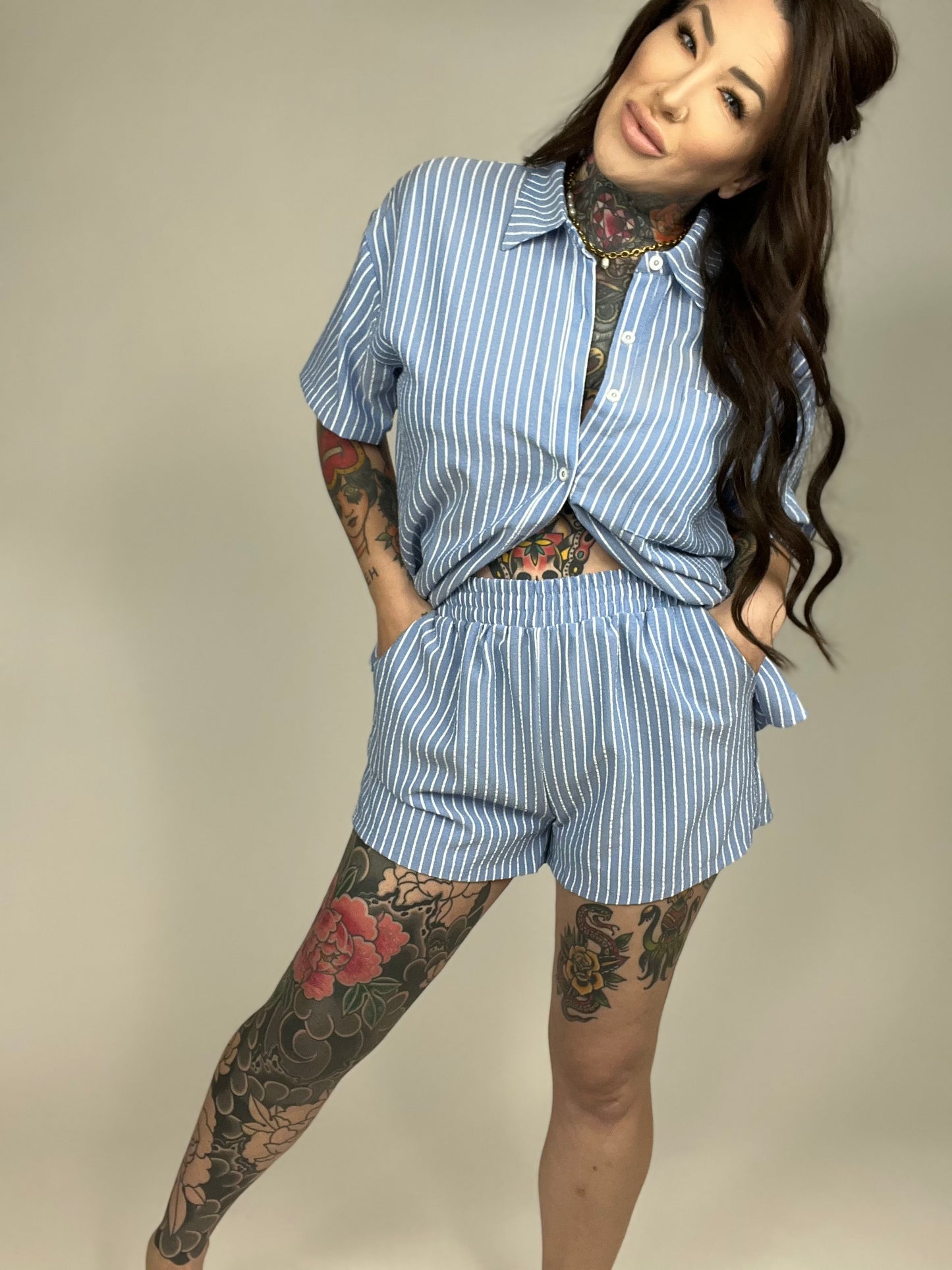 Sail Away Button Down Shorts 2 Piece Set (Multiple Colors)