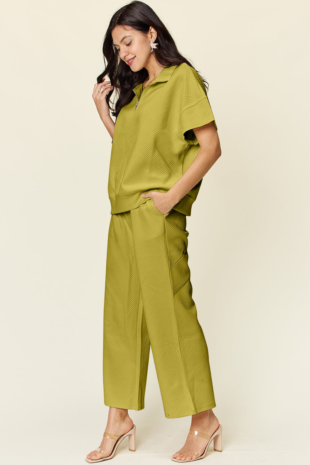 Trying Again Texture Half Zip Short Sleeve Top and Pants Set (Multiple Colors) - BP