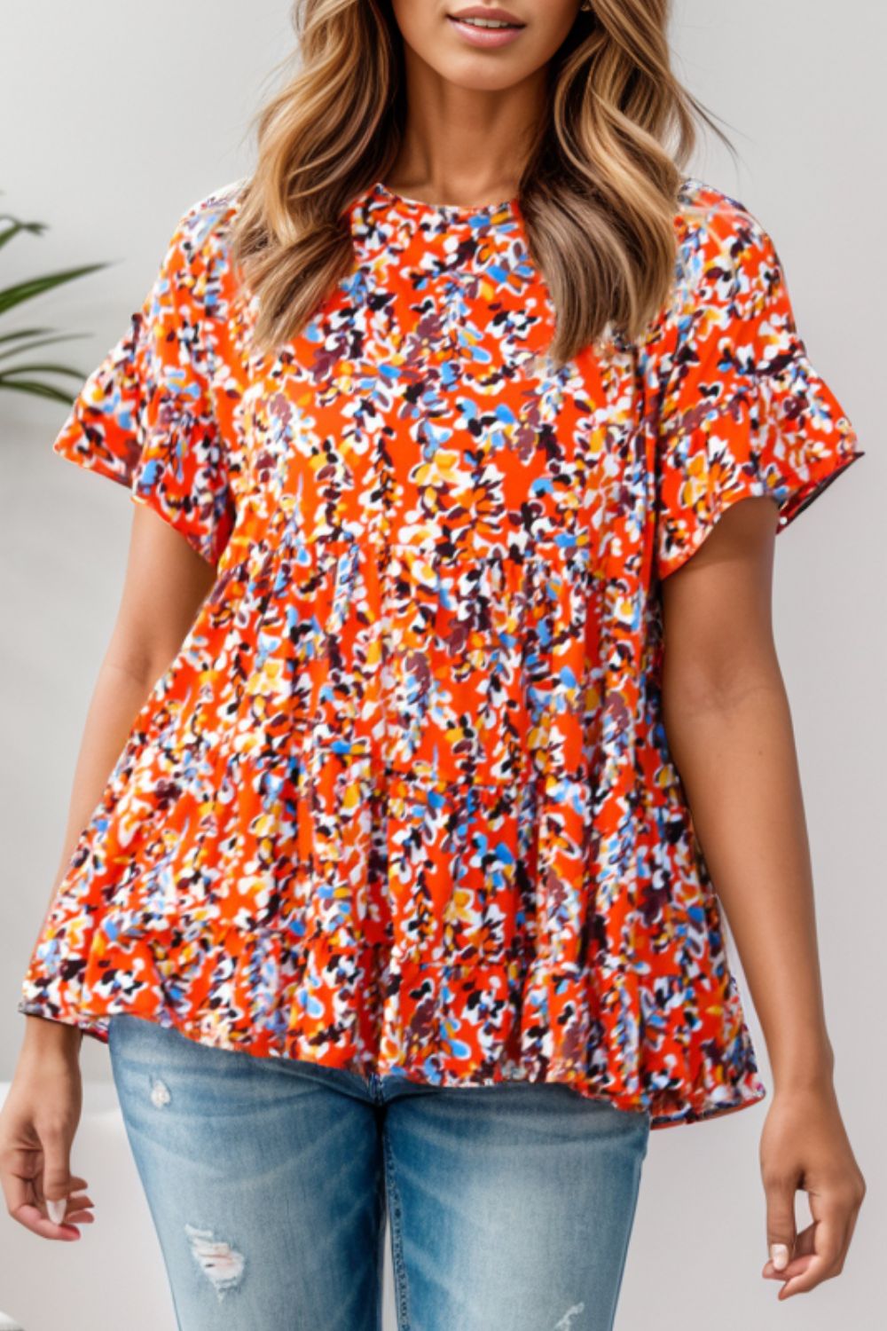 (1X-3X) Righteous Beauty Floral Round Neck Tiered Blouse - BP