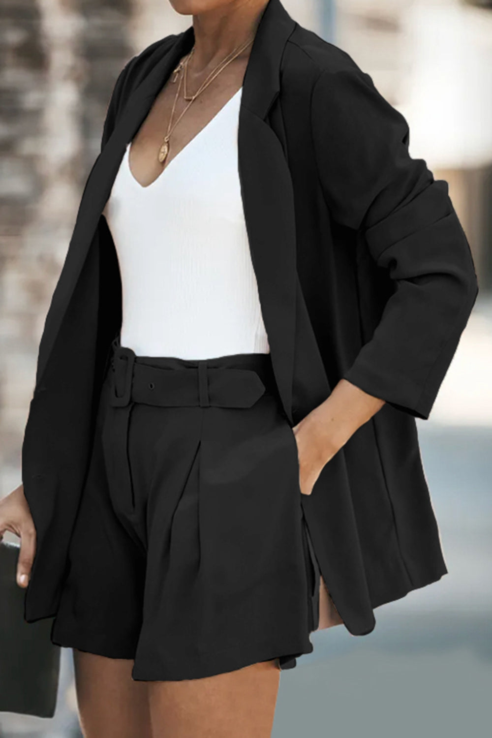 (S-2X) Grand Ambition Longline Blazer and Shorts Set with Pockets (Multiple Colors) - BP