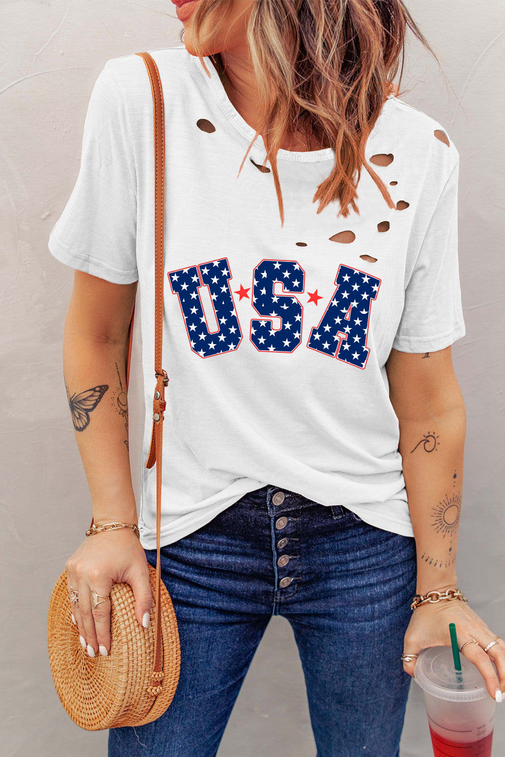 Living With Liberty Distressed USA Round Neck Short Sleeve T-Shirt