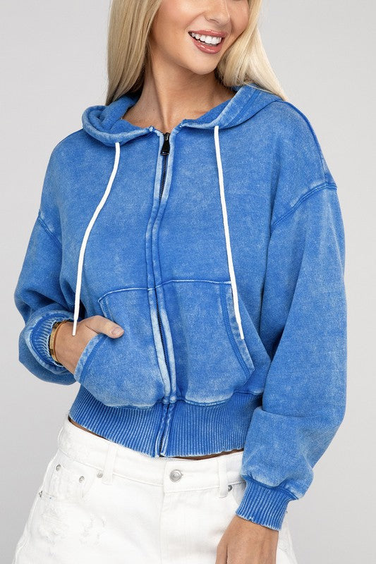 Acid Wash Fleece Cropped Zip-Up Hoodie (Multiple Colors)