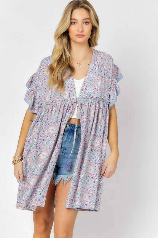 Cover Me In Daisies Printed Short Sleeve Ruffle Kimono (Davi & Dani)