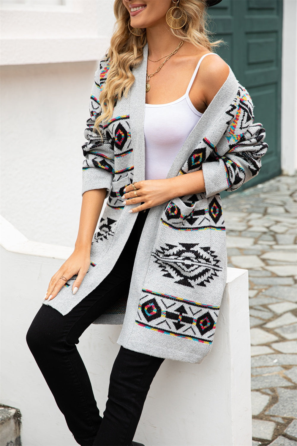 Dining In Athens Pocketed Geometric Open Front Dropped Shoulder Cardigan - BP