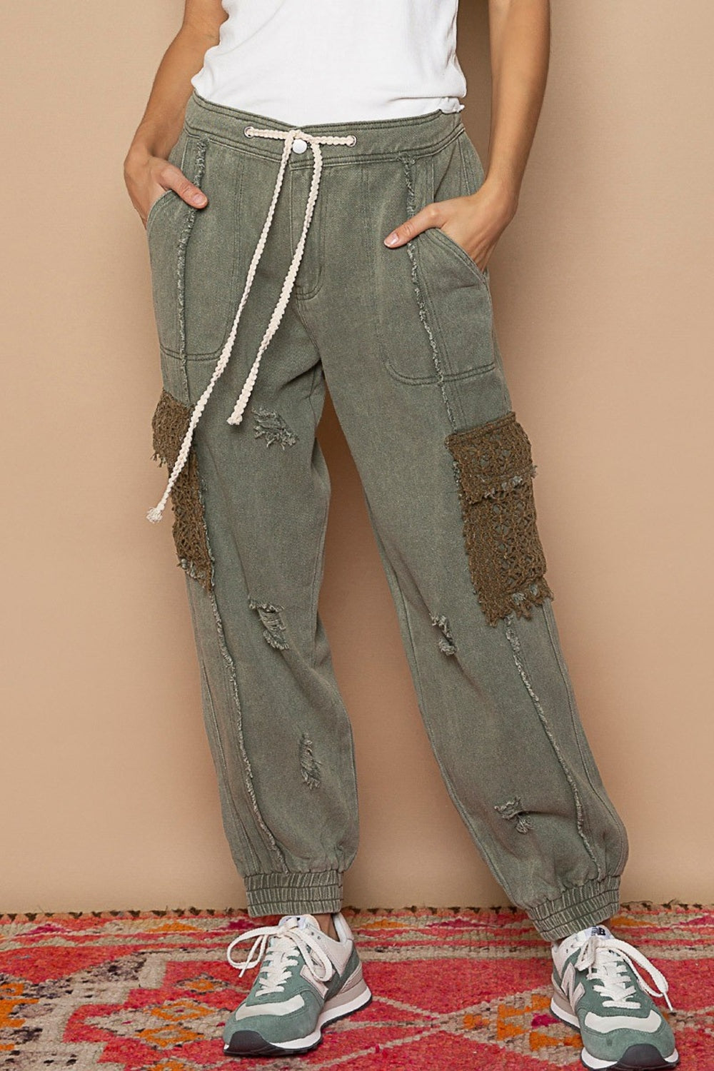 Jumping Jupiter (POL) Distressed Cargo Denim Jogger with Crochet Pockets