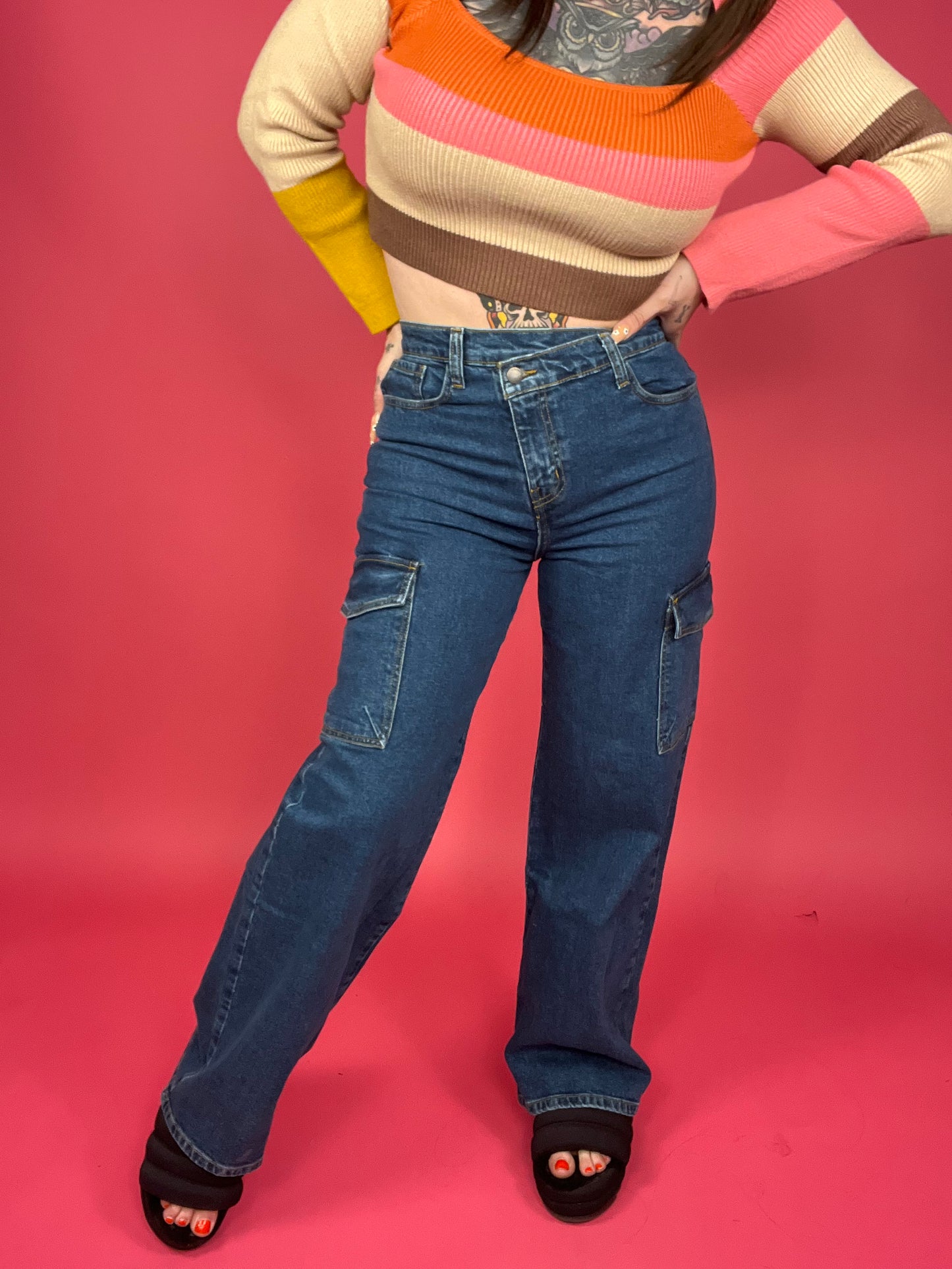 Vibrant M.I.U. - High Rise Crossed Waist Cargo Wide Jeans - BP