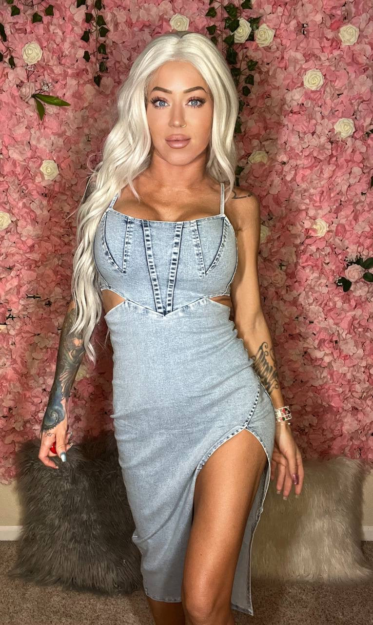 Stitch In Time Cutout Slit Spaghetti Strap Denim Dress