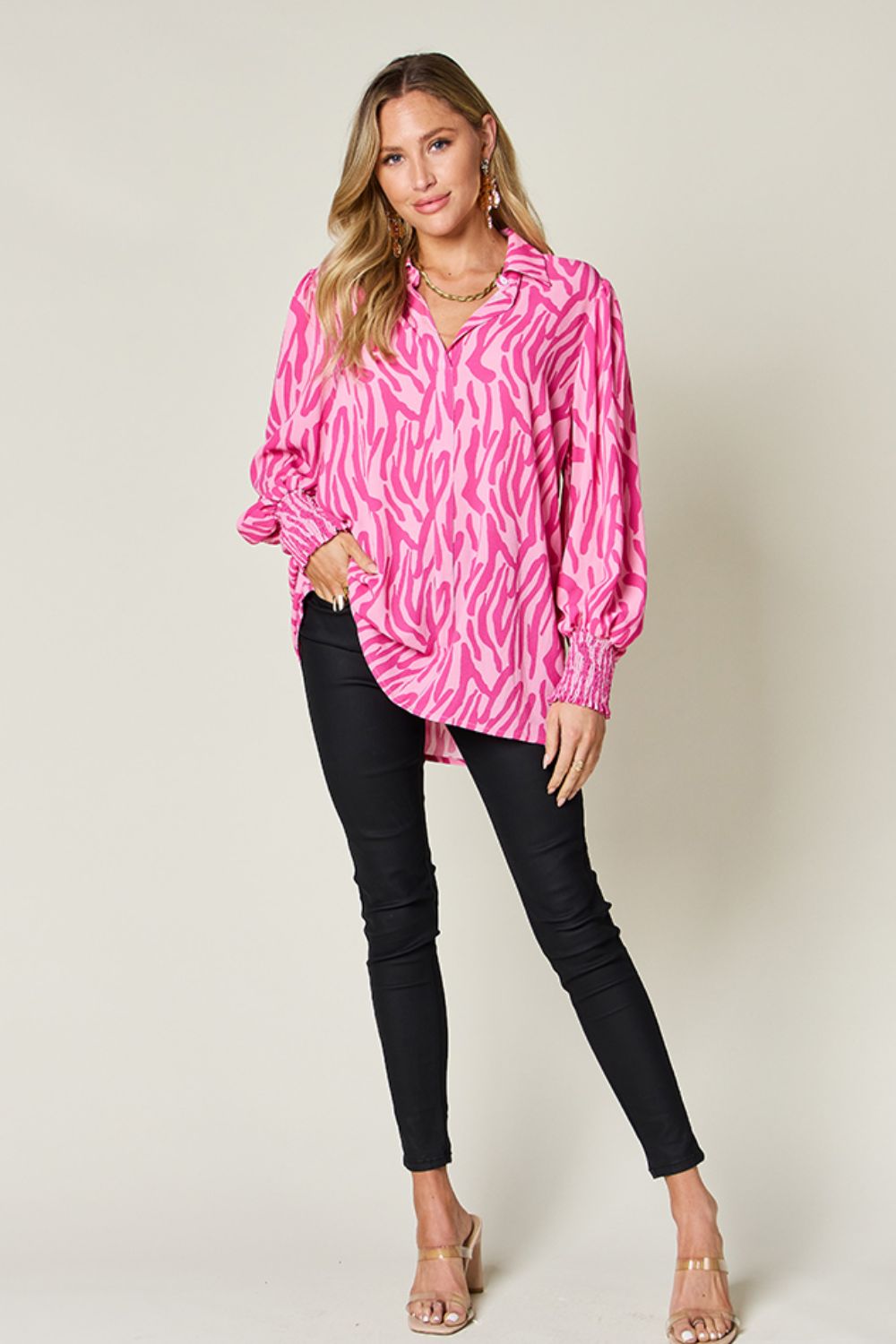 (S-3X) Stating My Opinion Printed Smocked Long Sleeve Blouse (Multiple Colors) - BP