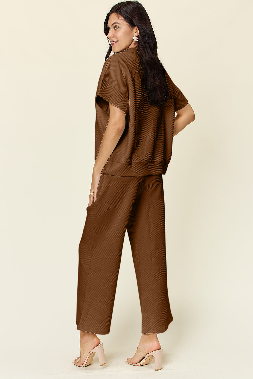 Trying Again Texture Half Zip Short Sleeve Top and Pants Set (Multiple Colors) - BP