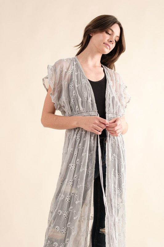 Reach For Me CHIFFON EMBROIDERY LACE KIMONO DUSTER CARDIGAN (Multiple Colors)