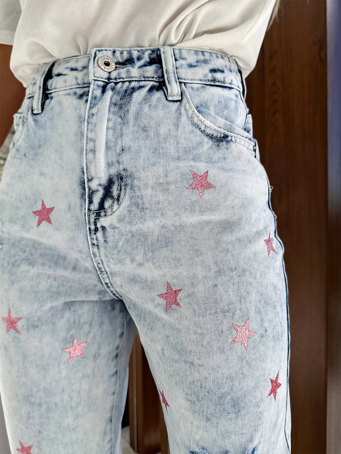 Never Ending Pride Distressed Star Straight Jeans with Pockets