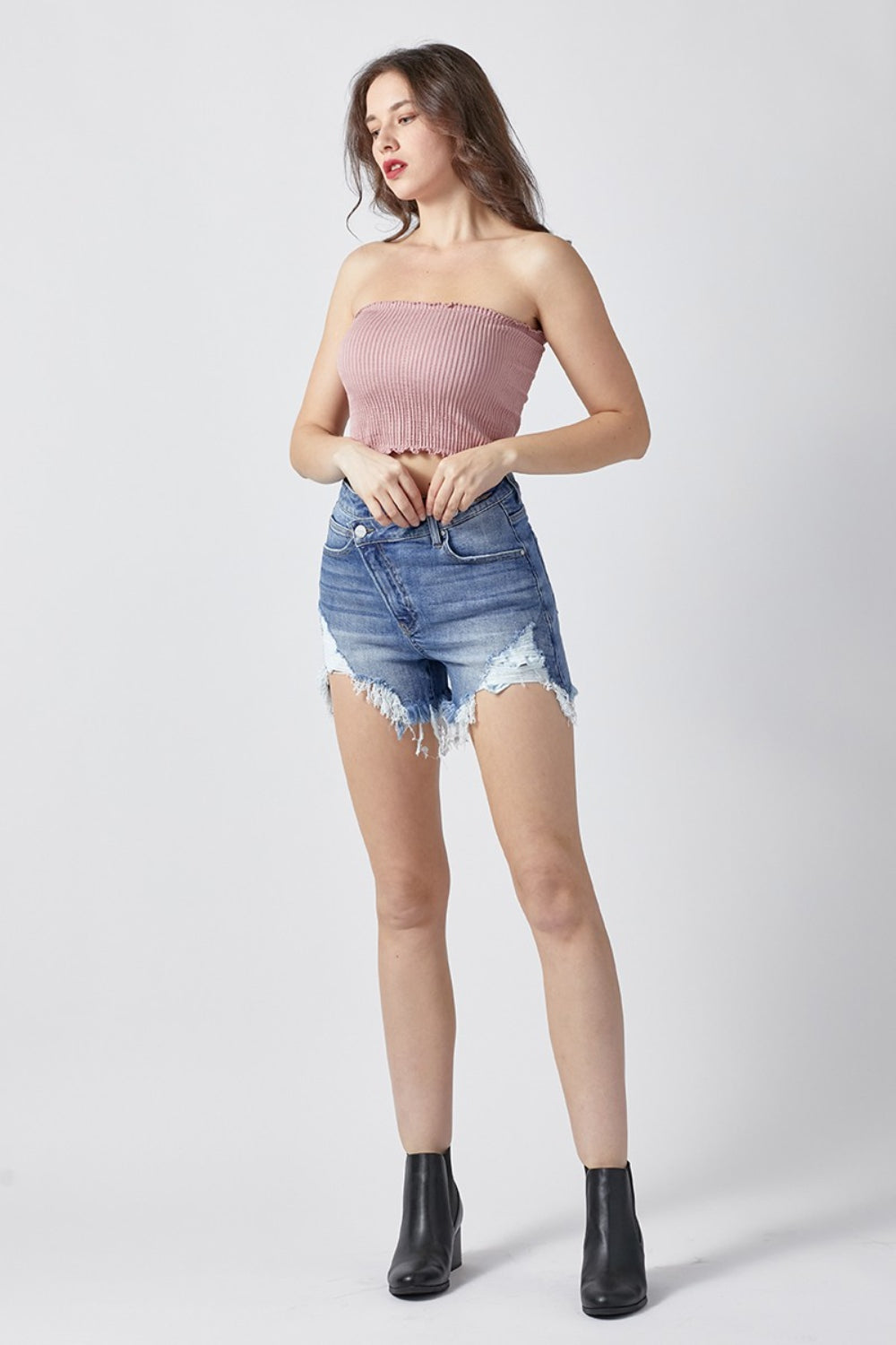 Reyna RISEN Raw Hem Asymmetrical Waist Denim Shorts