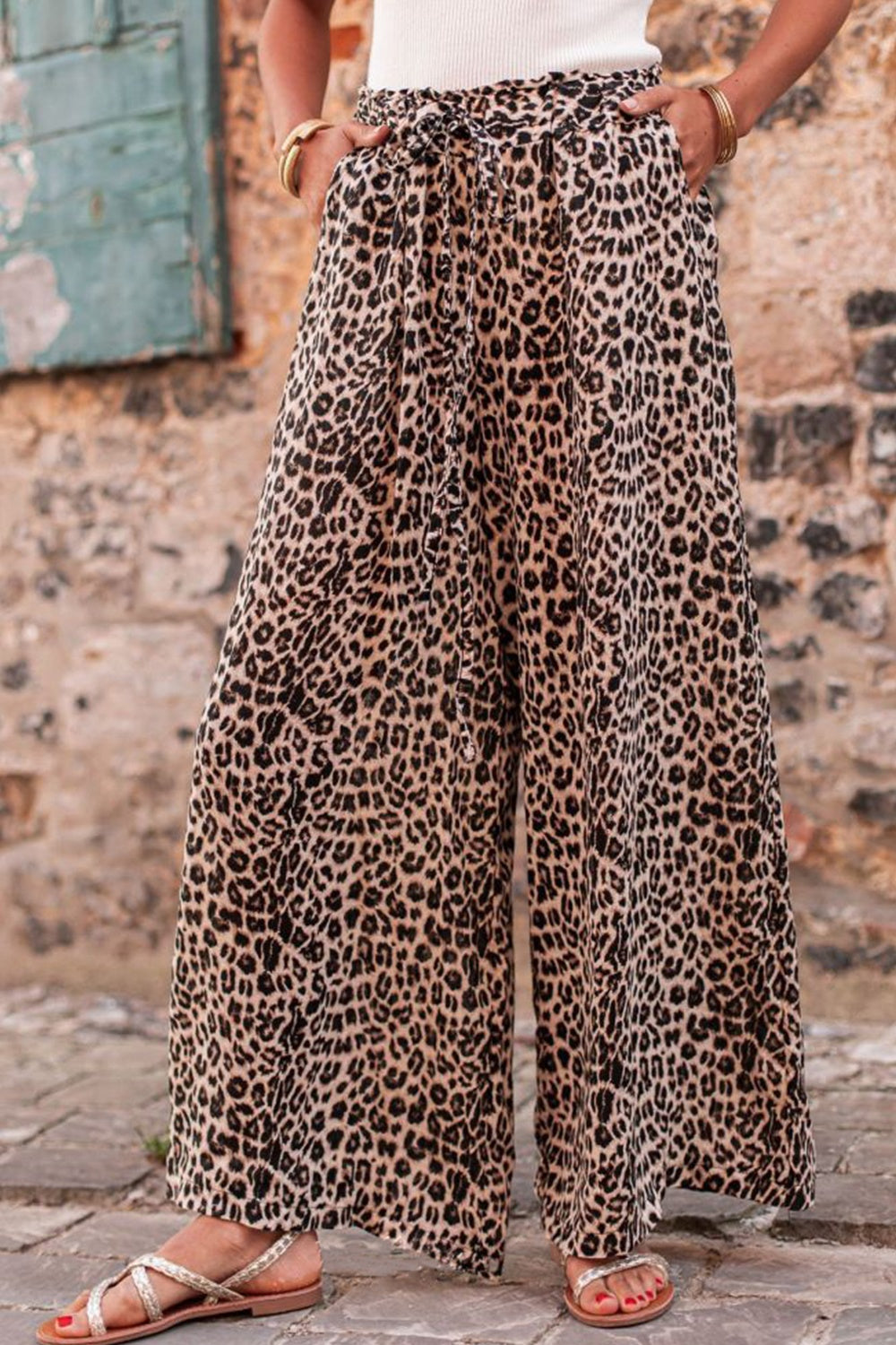 In The Moment Leopard Drawstring Wide Leg Pants