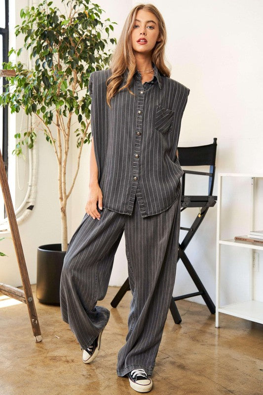 Slumber Party Stripe Button Down Shirt and Long Pants Set