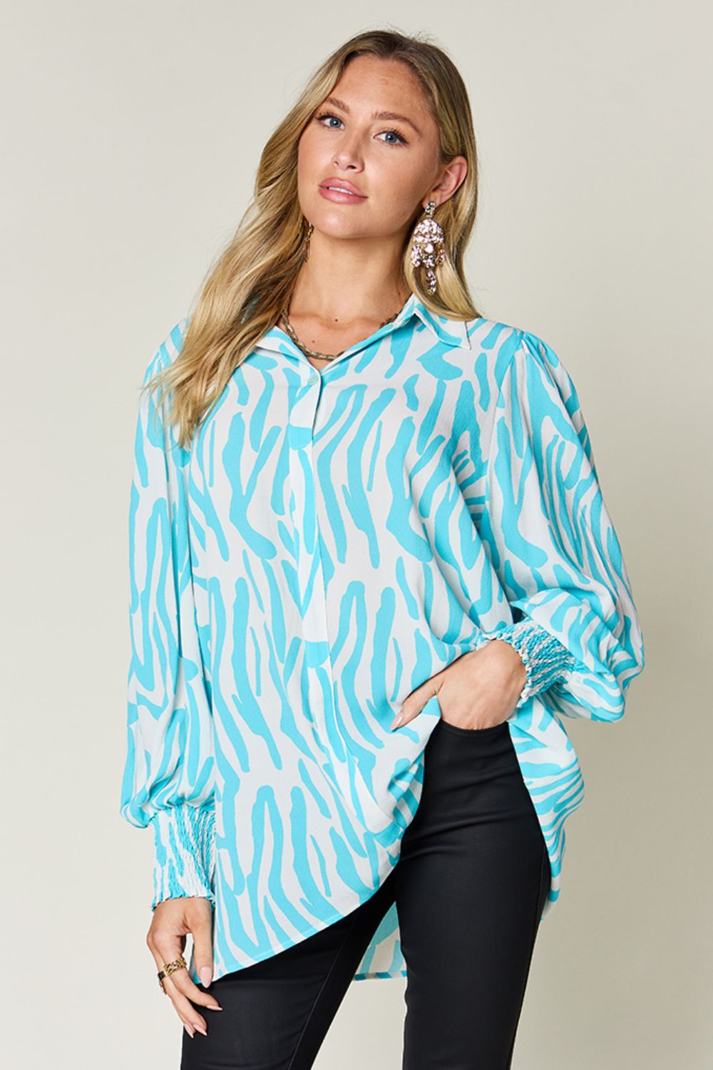 (S-3X) Stating My Opinion Printed Smocked Long Sleeve Blouse (Multiple Colors) - BP