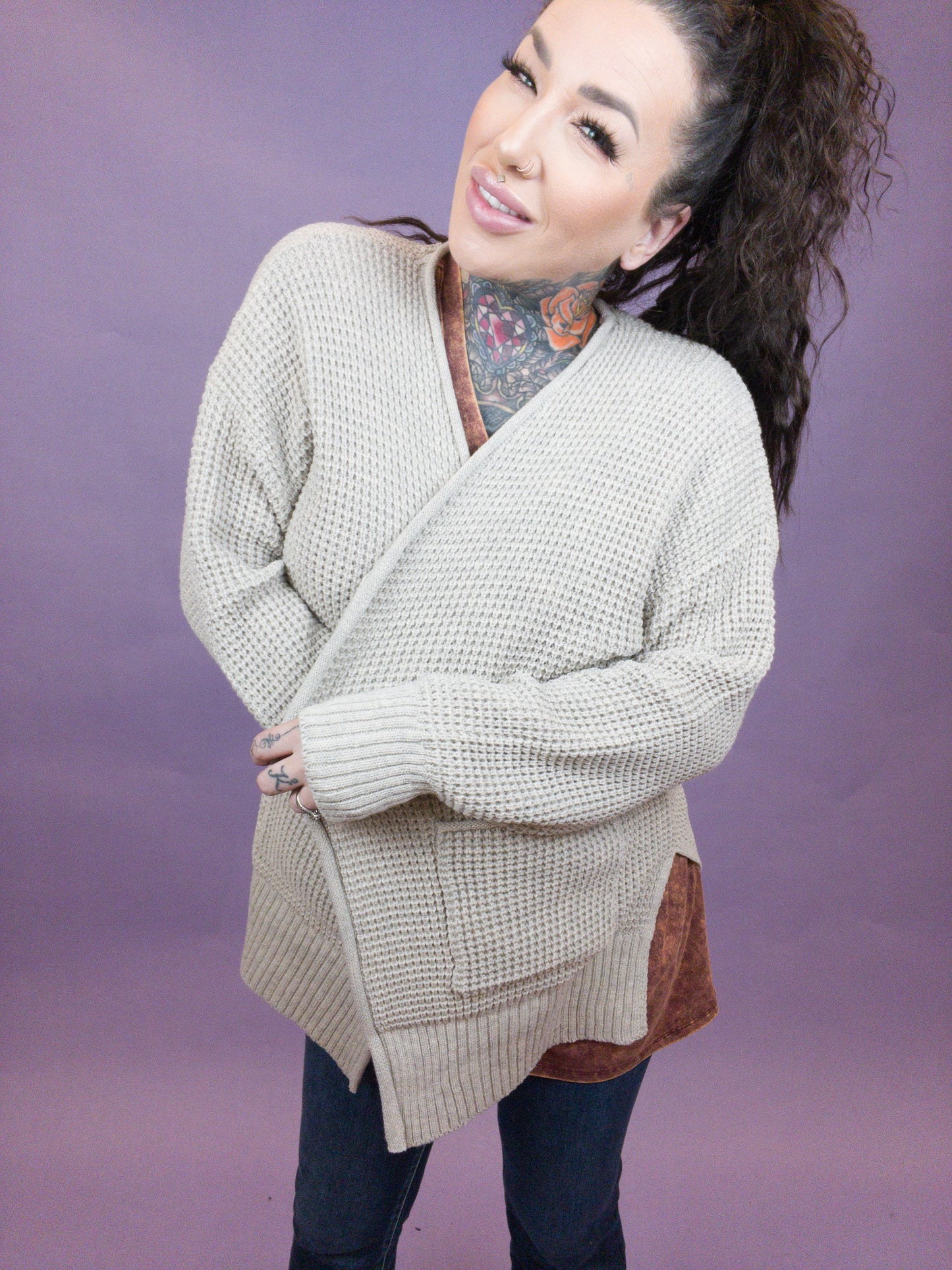 Curvy - Coffee & Library ALL Day Waffle Open Cardigan (MULTIPLE COLORS)