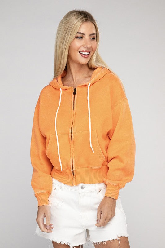 Acid Wash Fleece Cropped Zip-Up Hoodie (Multiple Colors)