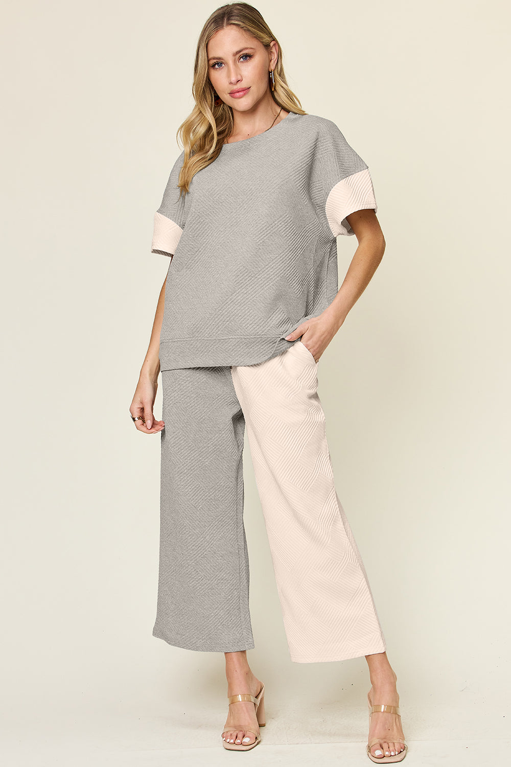 Block The Haters Double Take Full Size Texture Contrast T-Shirt and Wide Leg Pants Set