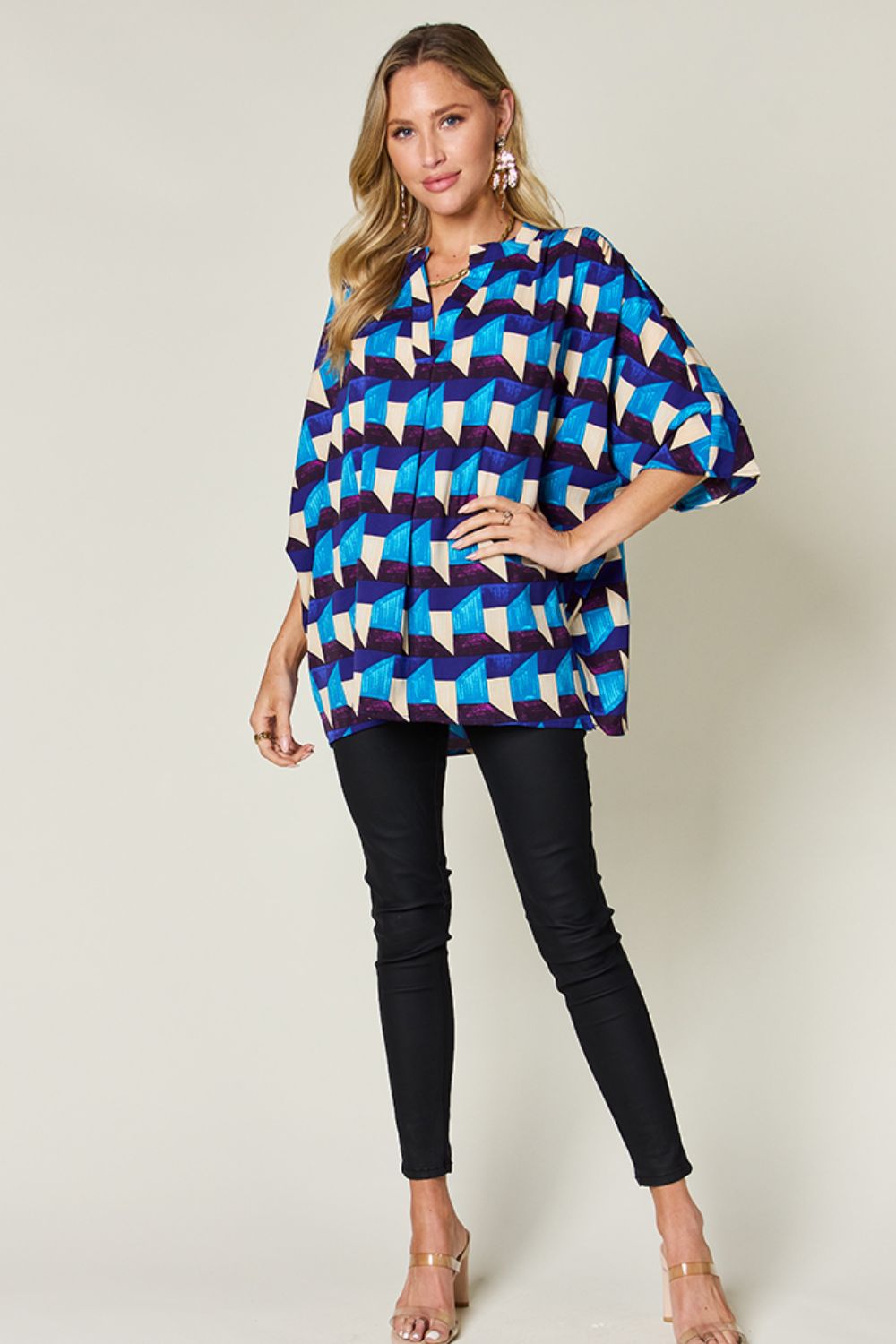 (S-3X) Reading The Signs Full Size Geometric Notched Half Sleeve Blouse (Double Take) - BP