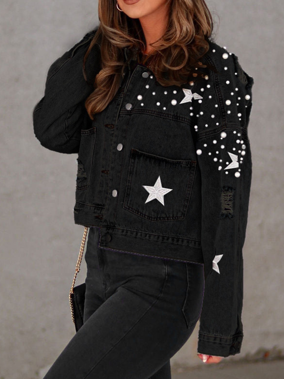 Oh My Lucky Stars Pearl Trim Button Up Denim Jacket with Pockets (Multiple Colors) - BP