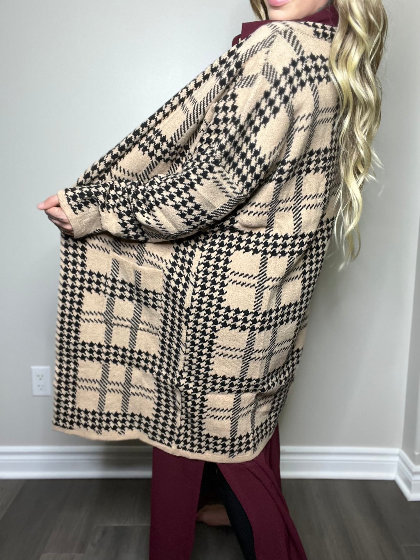 Rare Find Curvy Houndstooth Print Longline Cardigan