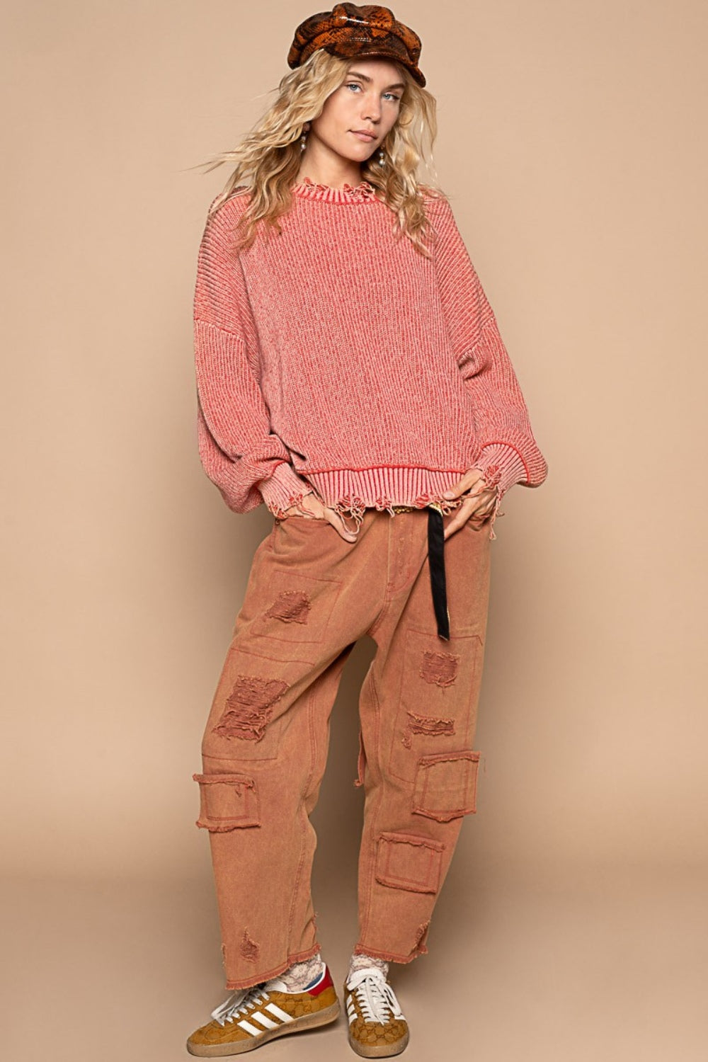 Brooklyn Rain POL Distressed Washed Drop Shoulder Sweater