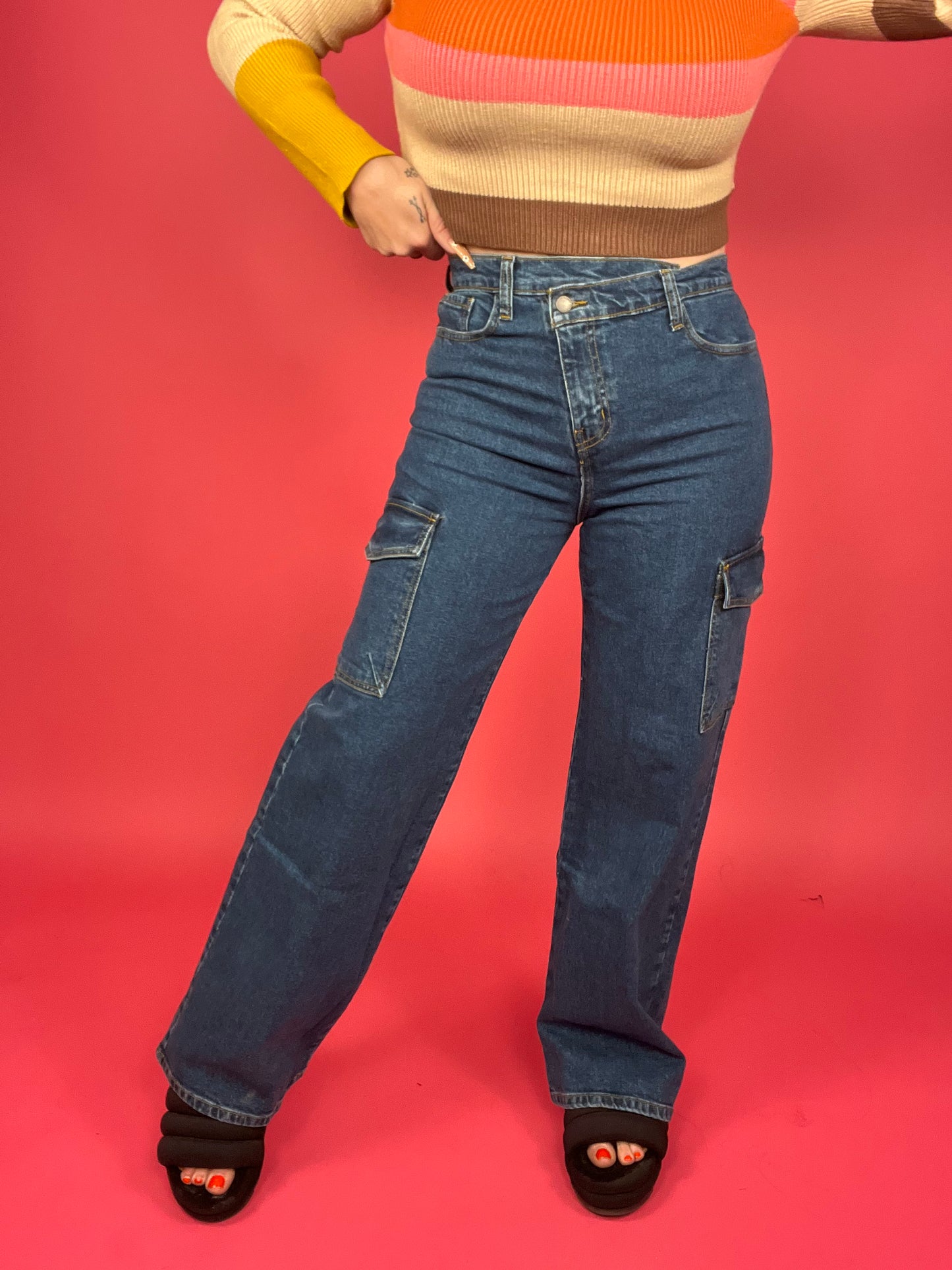 Vibrant M.I.U. - High Rise Crossed Waist Cargo Wide Jeans - BP