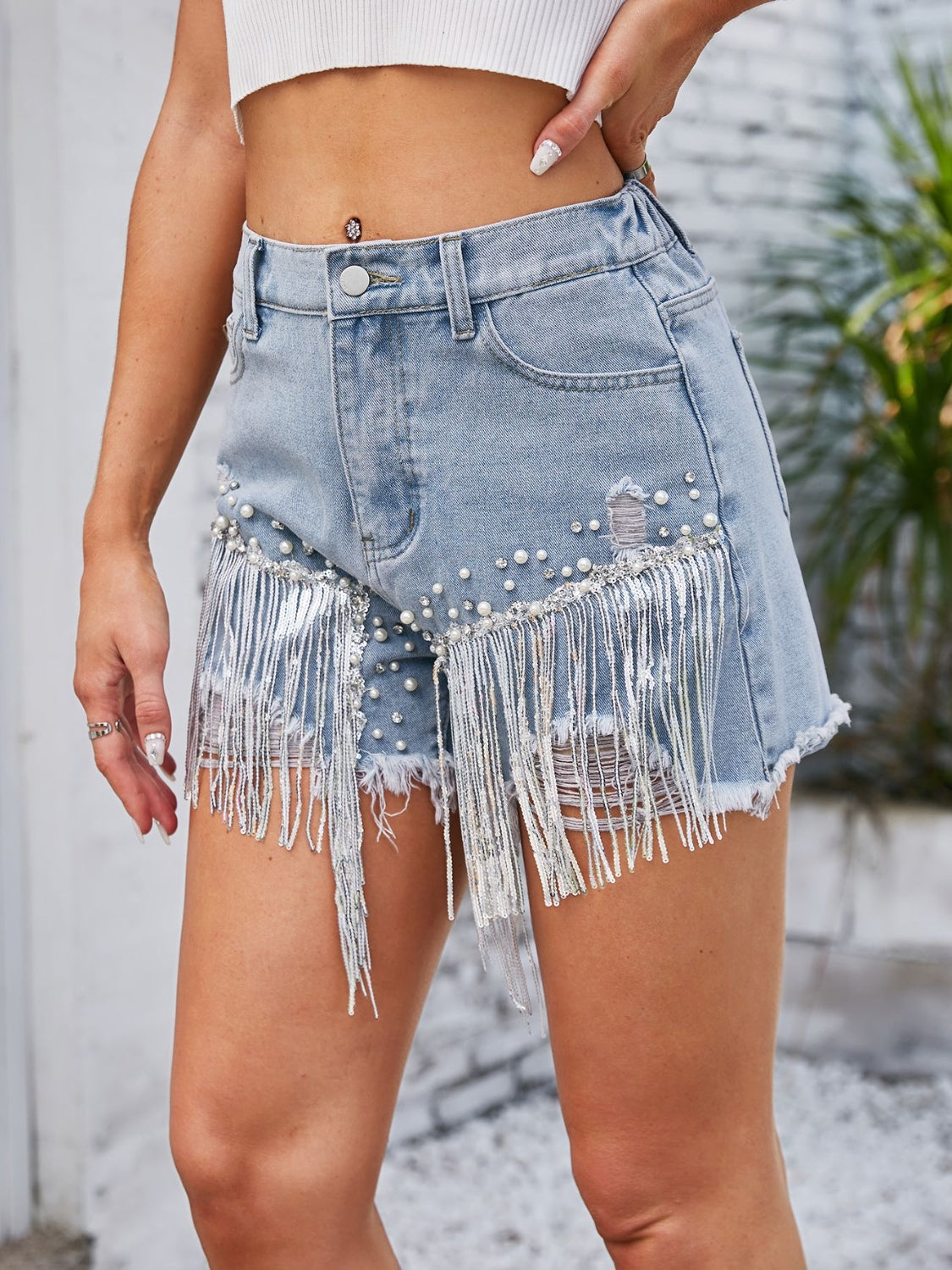 Country Fest Distressed Pearl Trim Denim Shorts with Pockets - BP