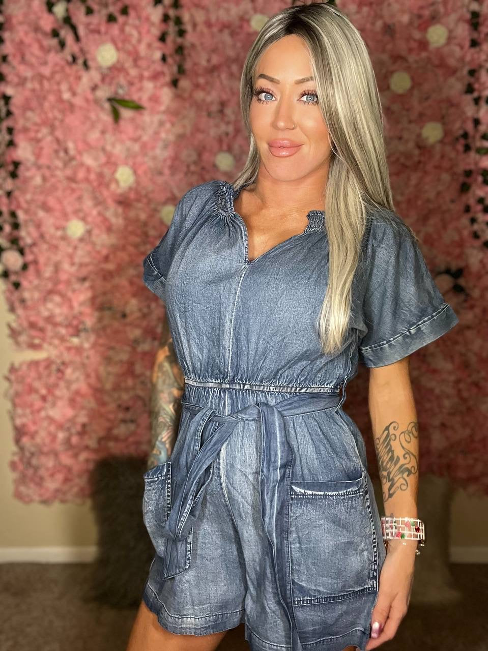 Rise To The Top Notched Tie Waist Denim Romper - BP