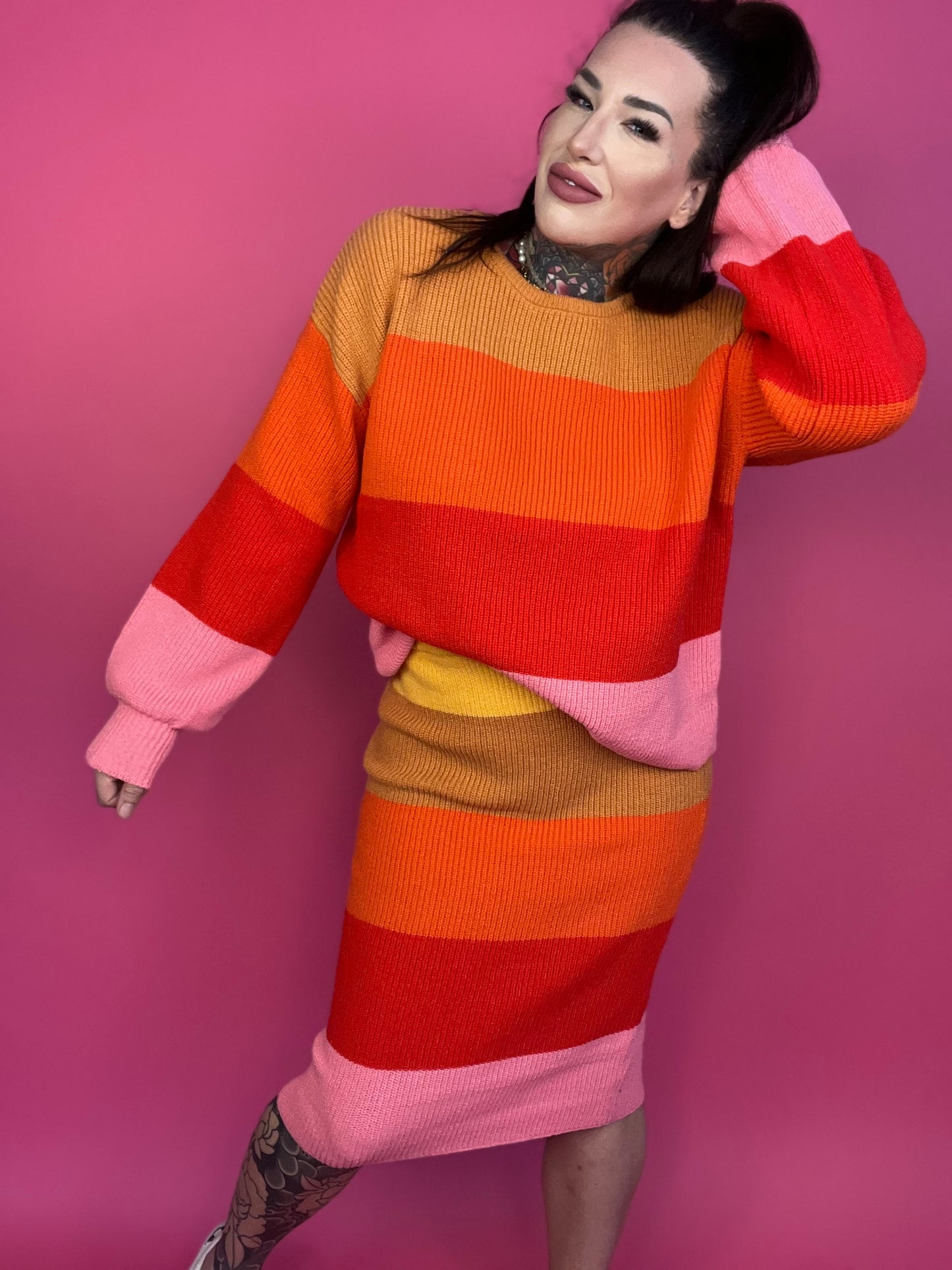 (TOP) Bold Rainbow Stripe Oversized Chunky Knit Pullover (MULTIPLE COLOR OPTIONS) - BP